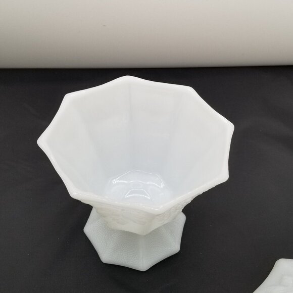 Vintage Milk Glass Footed Compote Candy Dish with Lid Grapes Leaves Pattern - Picture 5 of 9